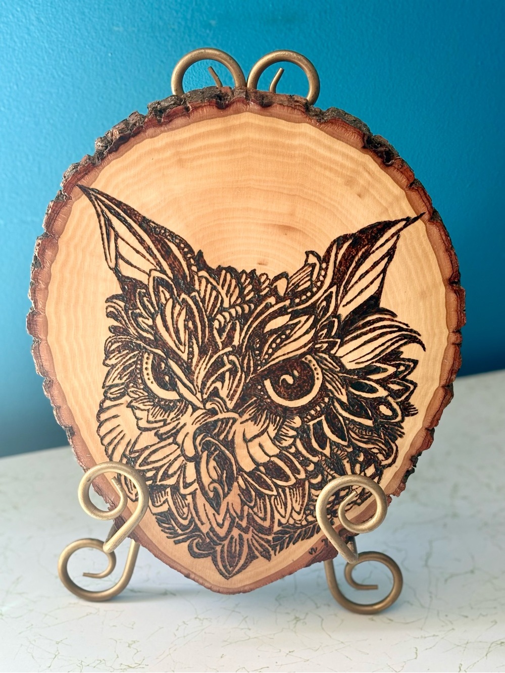 Hand-Burned Owl Wood Slice Wall Art - Natural Wood & Black